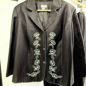 Vintage 90s Mary McFadden Pant Suit Linen Blend Floral Embroidered Retro 24W